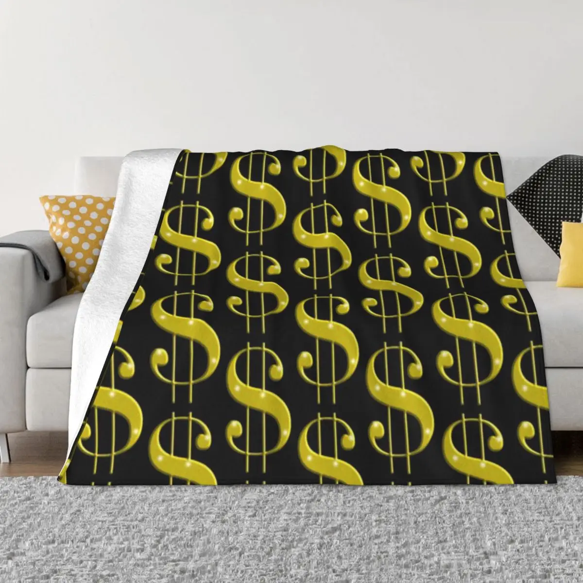 Couverture en micro polaire ultra-douce personnalisée avec symbole du dollar doré, confortable pour les fêtes