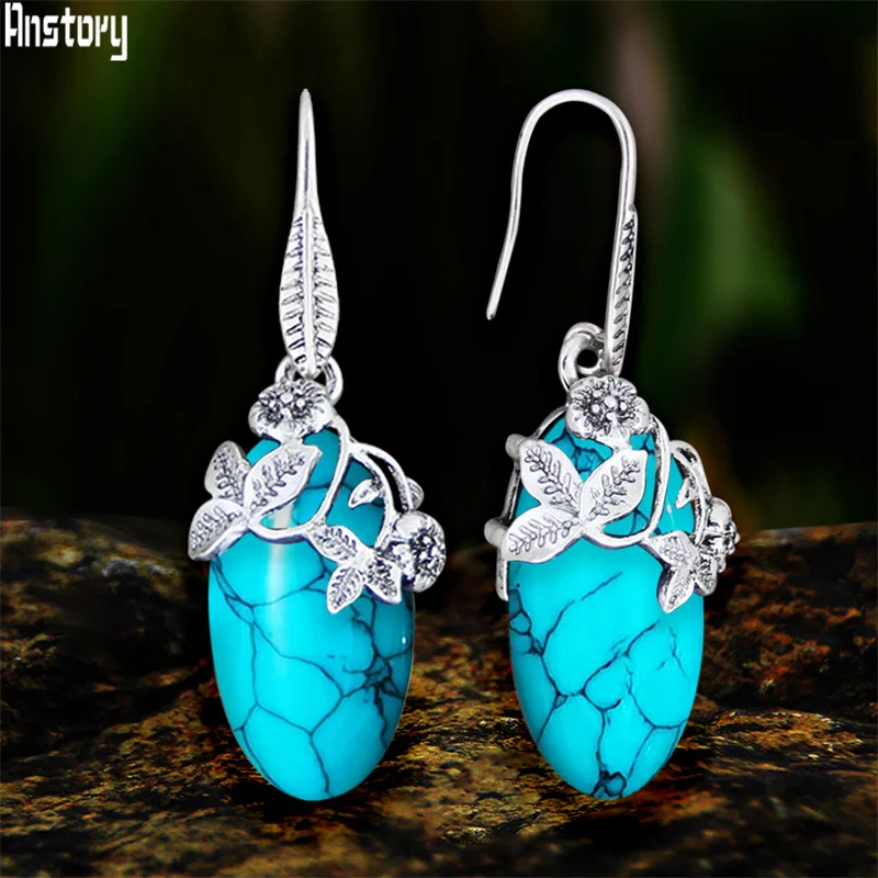 Vintage Eye Shape Synthetic Turquoises Flower Earrings For Women Antique Silver Plated Leaf Plant Fashion Earring