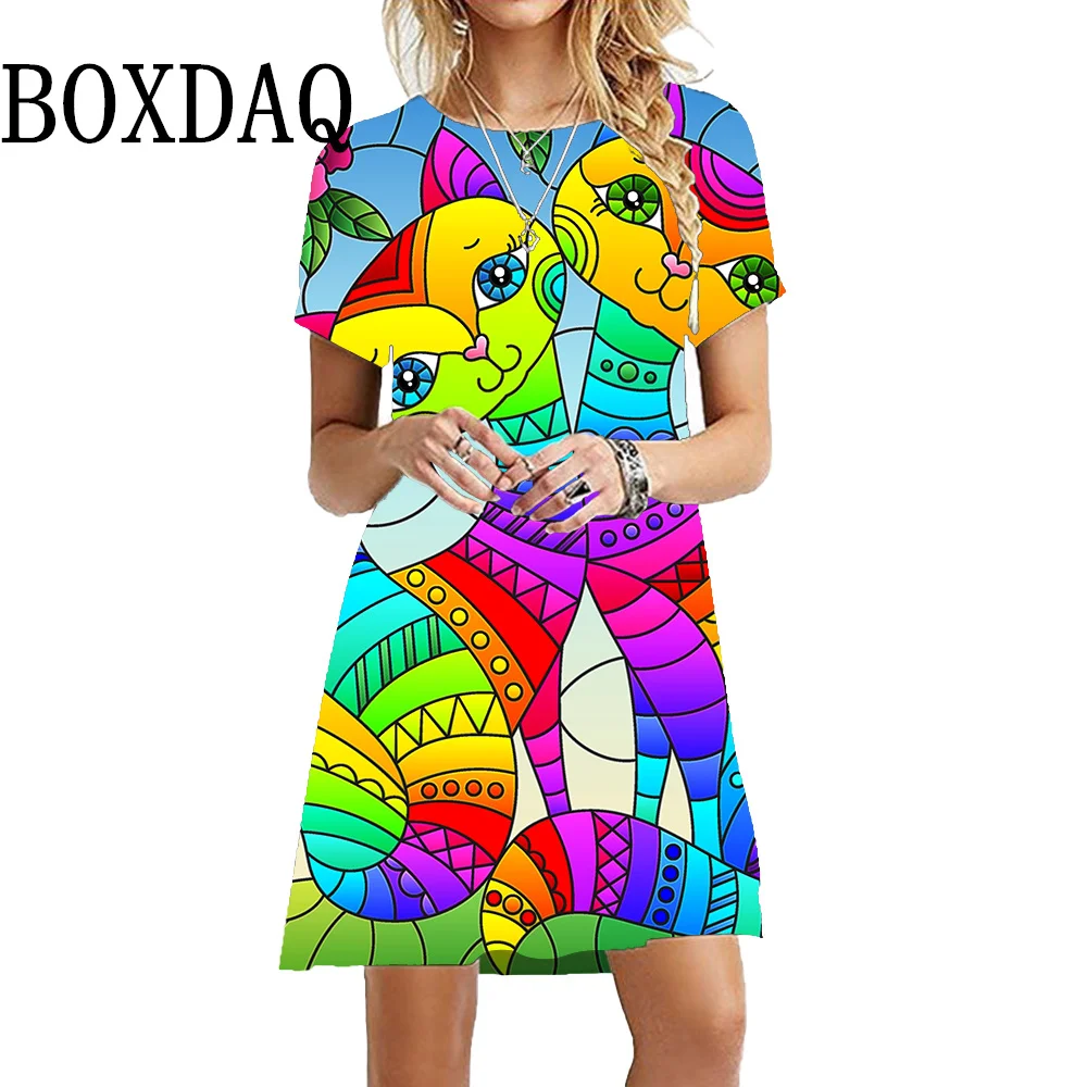 Pittura colorata Cat Dress Fashion Cute Party Kawaii Dress Print Mini Casual manica corta Pullover Summer Elegant Lady Dresses