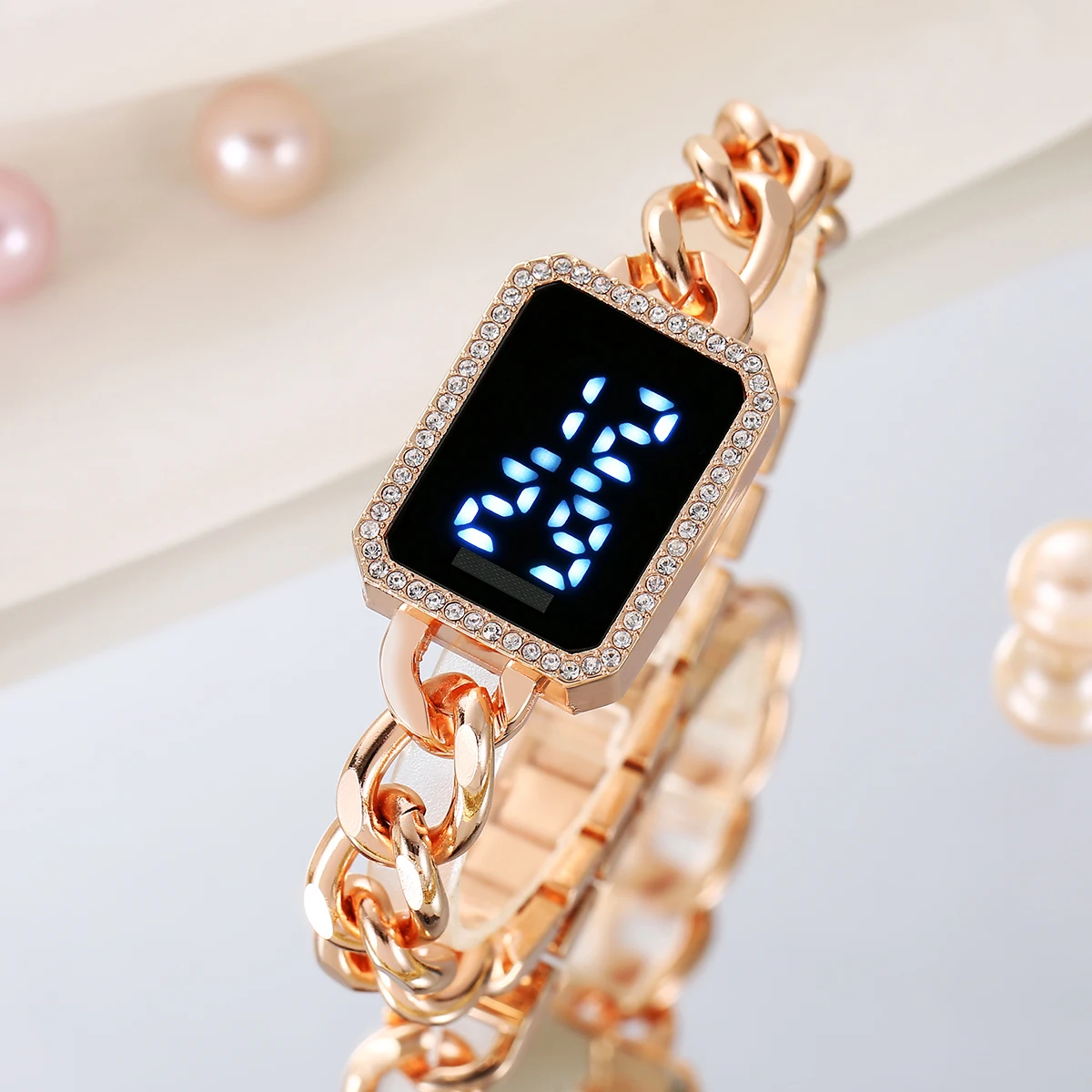 นาฬิกาข้อมือผู้หญิงสไตล์อินฟลูเอนเซอร์ ประดับเพชร หน้าปัดสี่เหลี่ยม หน้าจอสัมผัส นาฬิกาอิเล็กทรอนิกส์ LED เรียบง่าย ดีไซน์เกาหลีสุดอินเทรนด์