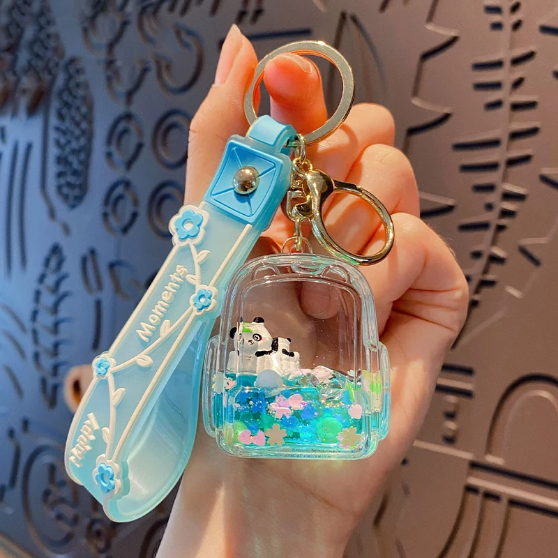 Cartoon Oil Floating Liquid Quicksand Bottle Panda 、Keychain Female Cute Green Iceberg Milk Tea Cup Moving Sakura Keyring Gift