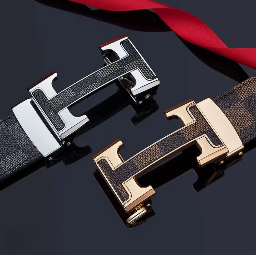 ‌ حزام جلد بنمط مربعات ممتاز للرجال - إبزيم تلقائي، حزام كاجوال وعصري للأعمال، جلد البقر الأصلي، هدية أنيقة