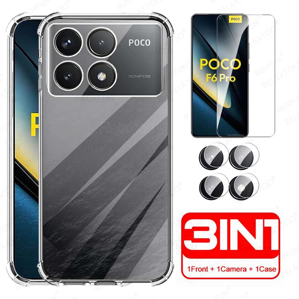 For Poco F6 Pro Case 3in1 Camera Tempered Glass For Xiaomi Poco X6 Pro Screen Protector PocoF6 PocoX6 F6Pro 5G Cover Soft Fundas