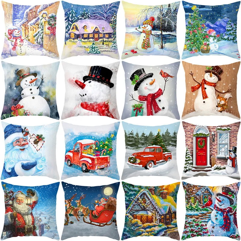 

New Christmas Decoration Pillow Cover 18x18 Inches Snowman Print Pillow Case Home Sofa Decor Cushion Cover Xmas Festive Supplies