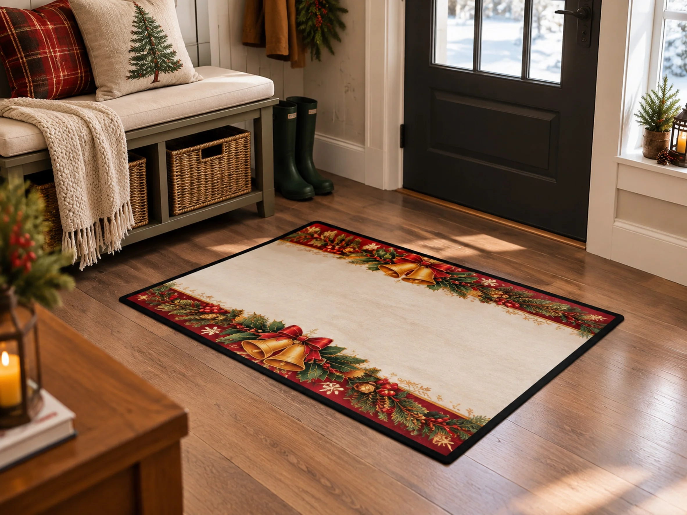 VIKAMA Christmas Burgundy Gold Bell Flannel Door Mat, Washable Quick Dry Xmas Mat, Xmas Decor for Farmhouse, Entryway