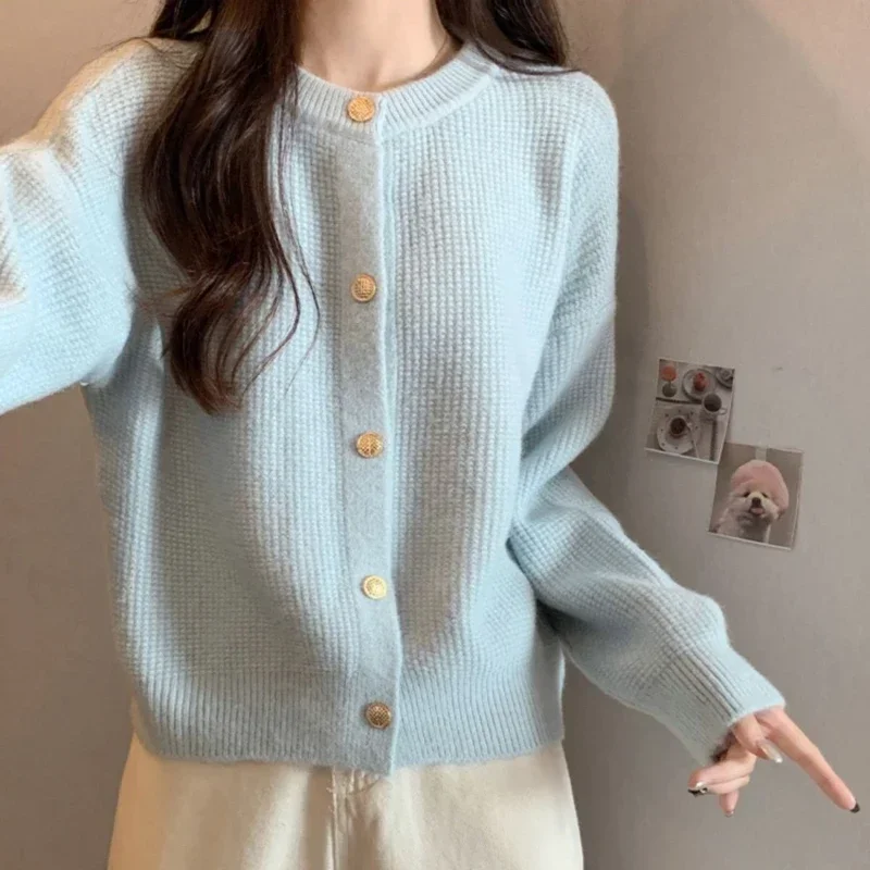 Autumn New Round Neck Cardigan Loose Soft Comfortable Knitted Jacket Women\'s Korean Fashion Casual Single Breasted Pink Cardigan