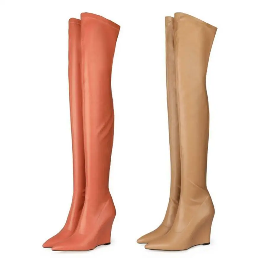 Women High Thigh Boot Over The Knee Stretch Pull On Wedge Heel Pointed Toe ShoesNew 2024