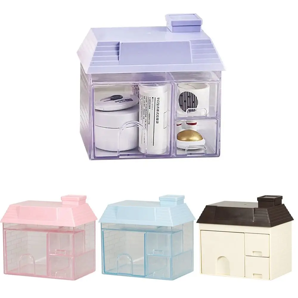 Transparent Desktop Storage Box Multiple Grids House Shape Cosmetic Organizer Convenient Detachable Stationery Storage Drawer