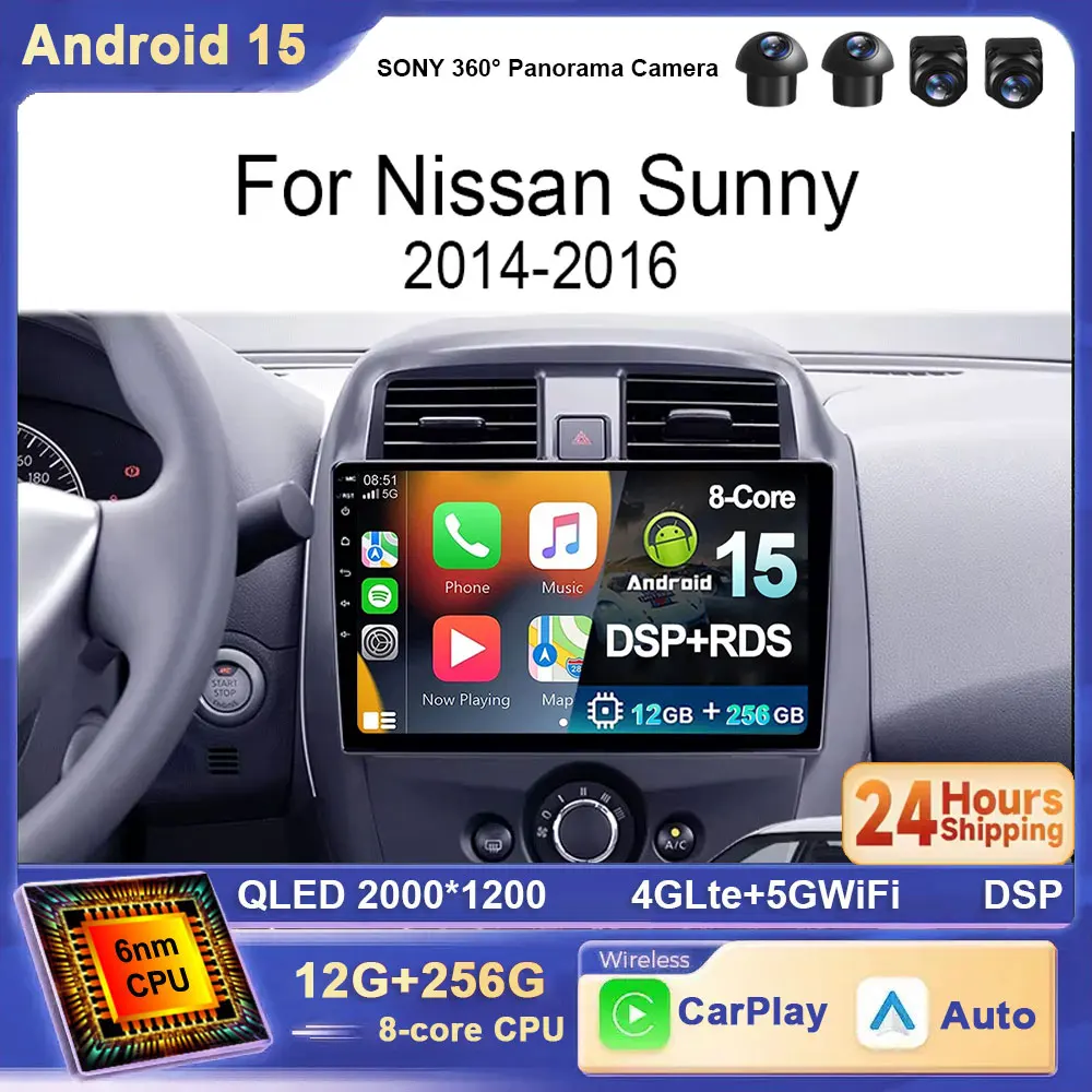

For Nissan Sunny 2014 2015 2016 Android 15 Carplay Auto Car Radio GPS Navigation Video Player 2 Din Stereo WIFI 4G BT Head Unit