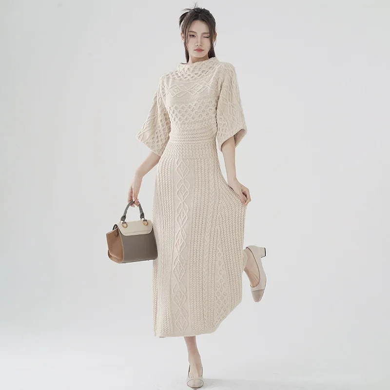 Women\'s Long Sleeve Knit Sweater Dress, Warm Slim Pullovers, Long Sleeve, O-neck, Casual Ankle-Length, Autumn, Fashion