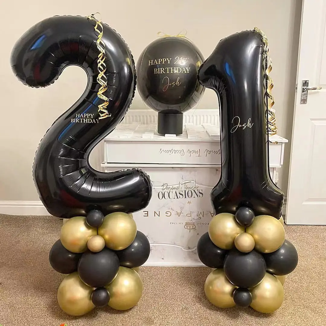 21pcs Gold Black Balloons Tower with 32inch Black Number Balloon for Boy\'s Birthday Decoration 30 40 50 60 Birthday Party Supply