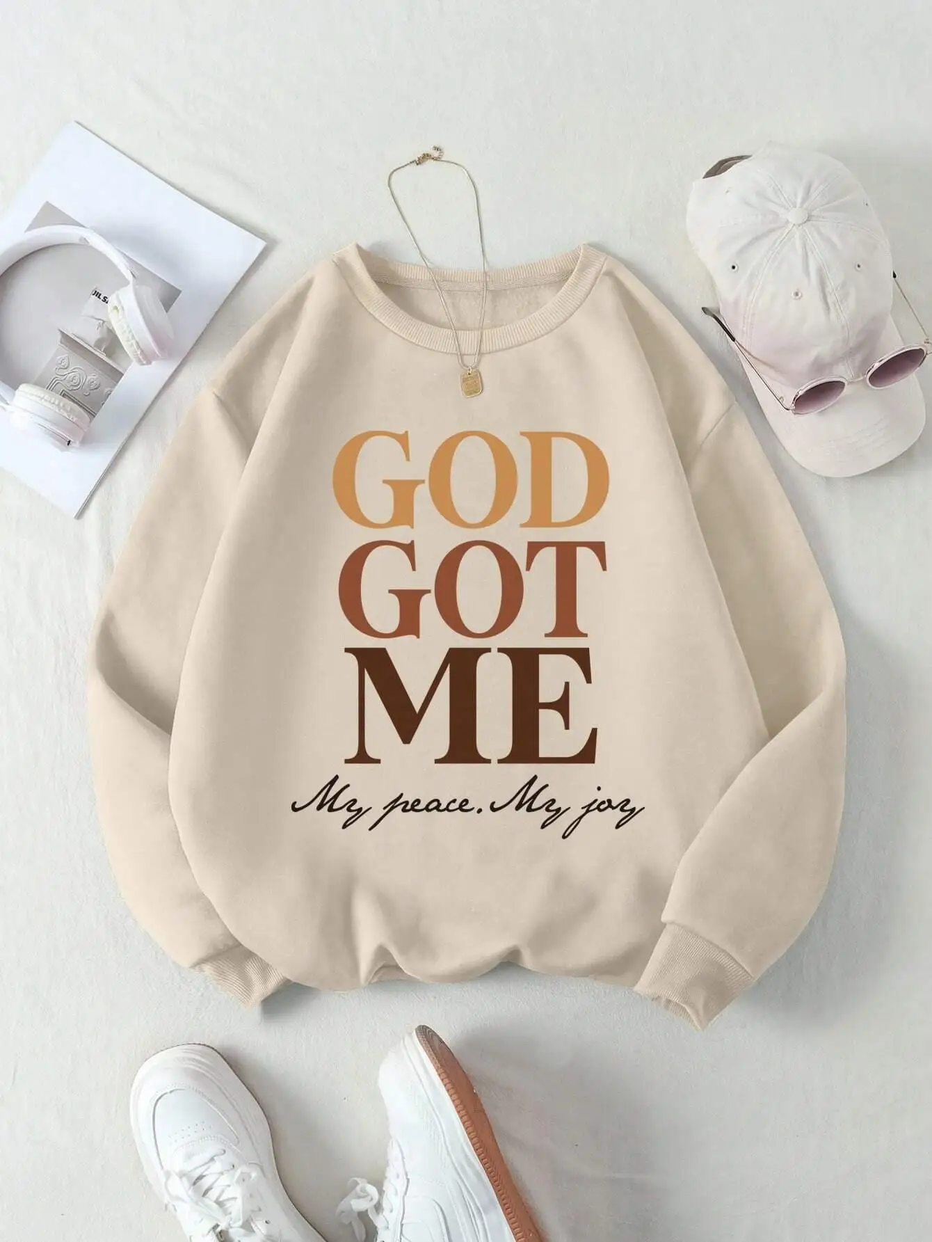 Spring Casual Women Pullover God Got Me Letter Printing Sweatshirt Tops Warm Soft Hoodies Loose Crewneck Fleece Female Clothing