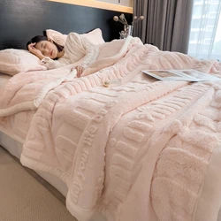 Solid Color Letter Design Thick Throw Blanket Kids Adults Pink Reversible Blanket Soft Comfort Multifunctional Warm Blankets 1pc