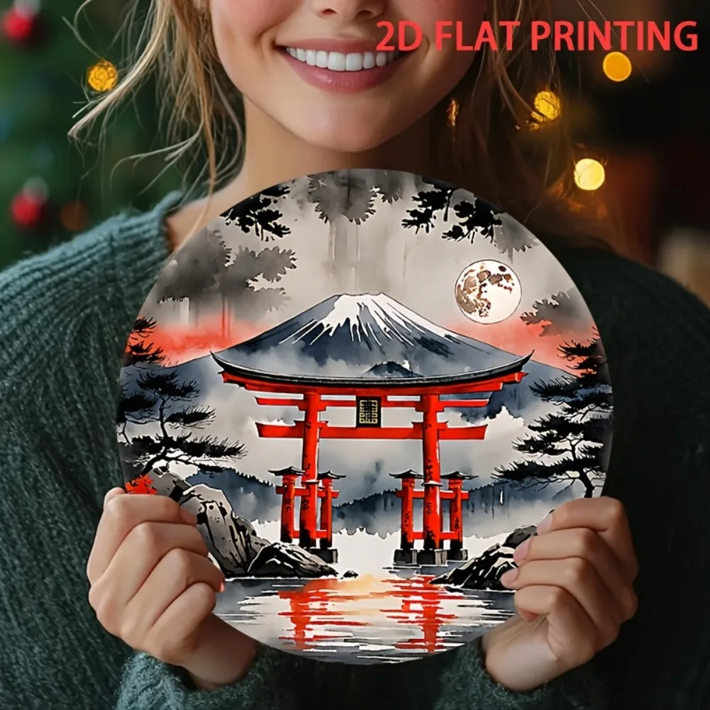 2D Flat, 1 Stück Fuji Mount mit roten Torii-Toren und Vollmond, runde Wandkunst aus Schmiedeeisen – 2D-flachdruckte japanische Landschaftsdekoration