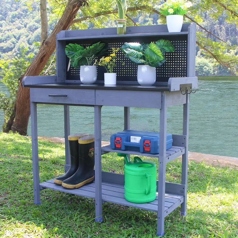 Outdoor Potting Bench Table,Garden Work Bench Metal Tabletop Horticulture with Shelf Rack Wooden Potting Benches for Outside wit