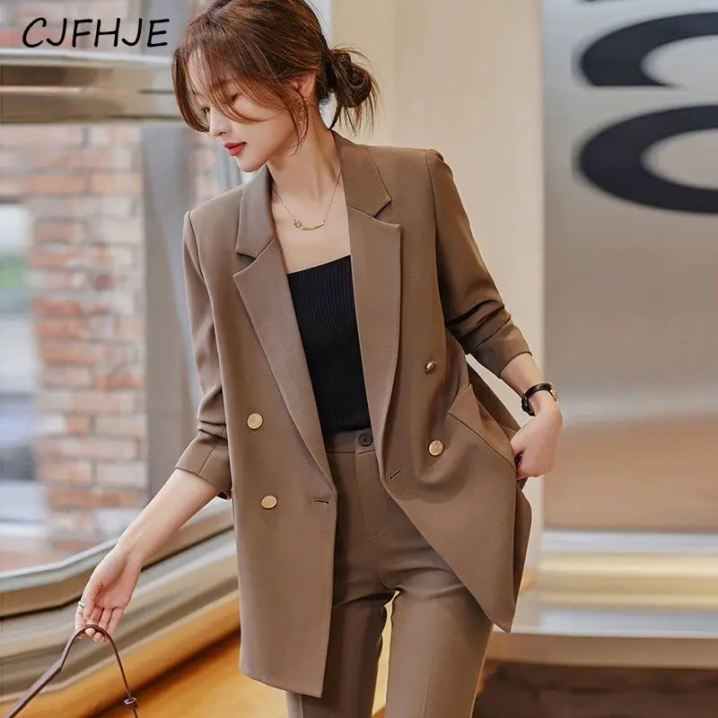 CJFHJE Women's Fashion Temperament Professional Suit Spring Korean Casual Double Breasted Women Long Sleeved Suit Formal Coat