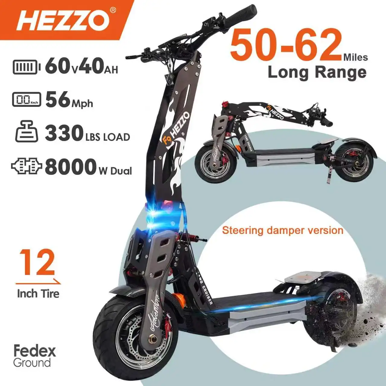 HEZZO F9 Dual Motor Electric Scooter 8000W 60V 40Ah Battery Max 56Mph Speed 50-62 Miles Long Range 12 Inch Fat Tire Foldable Adult Off Road E Scooter With Steering Damper Max Load 330LBS