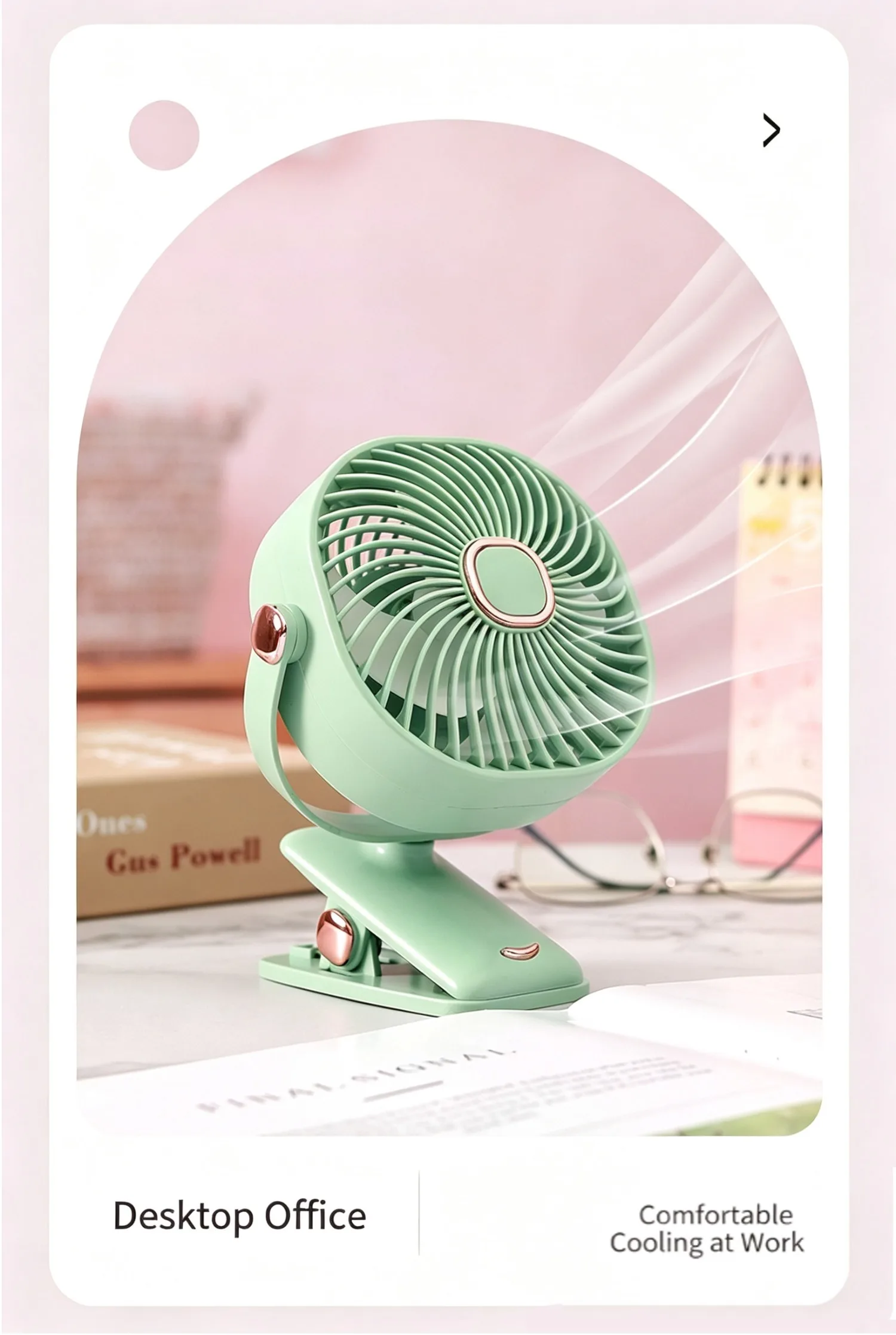 Clip-Ventilator, wiederaufladbarer Mini-Tischventilator, 3 Geschwindigkeiten, USB Typ-C, tragbar, leise, drehbar, mit Sockel für Kinderwagen, Büro, Bett, Sommer – Detail 1