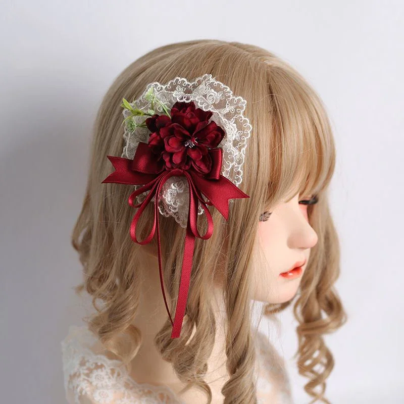 Ribbon Bow Hair Clip with Hairpins Brooch Girls Lolita Lace Ruffled Headband Sweet Flower Small Hat Anime Maid Cosplay Headdress