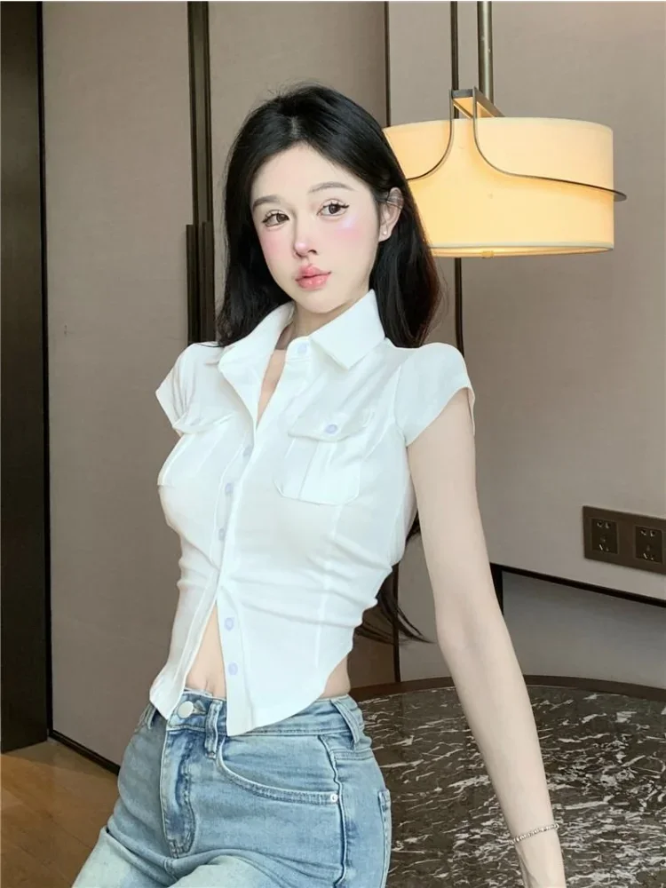 Shirts Women Defined Slim Summer Chic Solid Korean Style Leisure Crop Tops Sweet Young Simple Short-sleeve Feminino Camisas OOTD