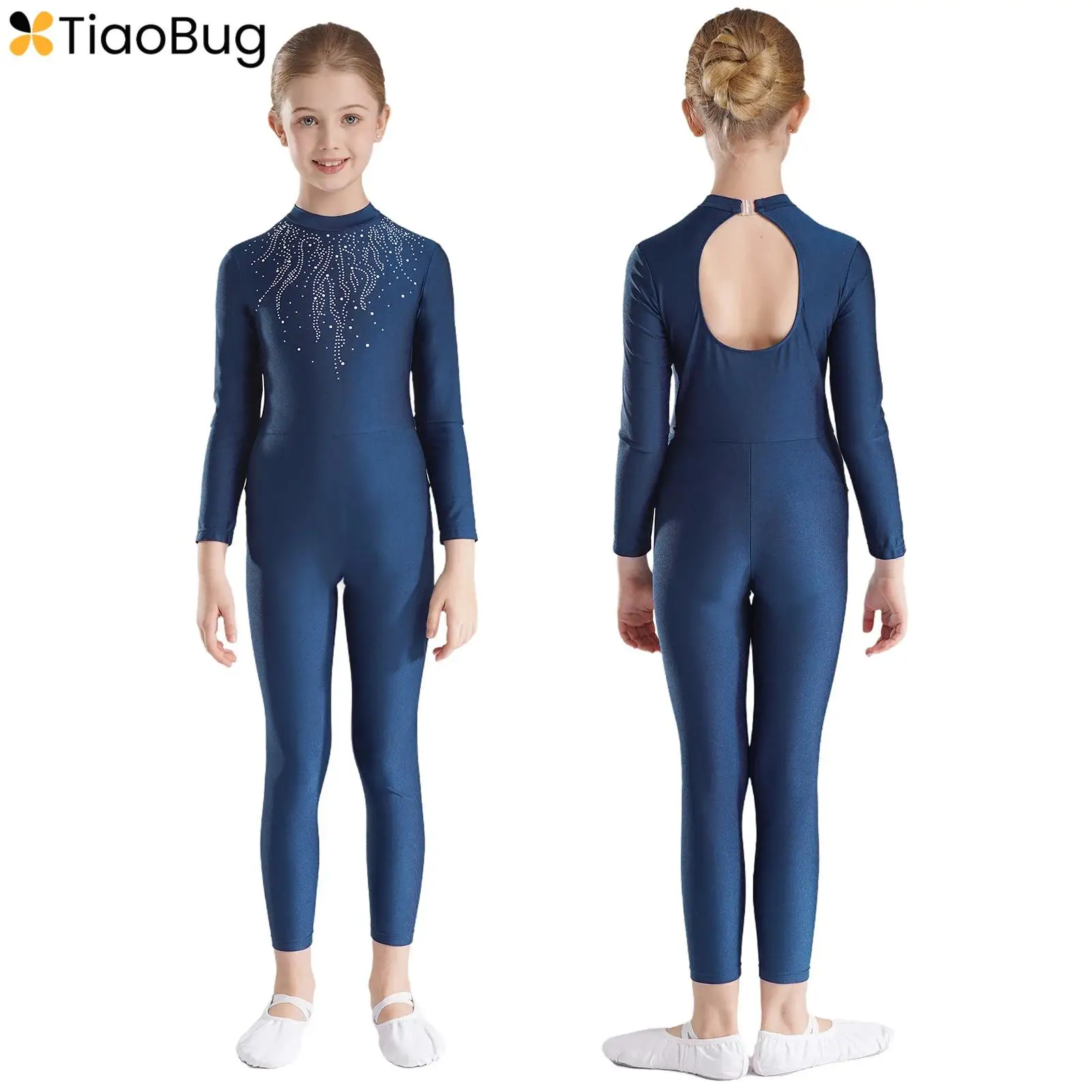 

Kids Girls Gymnastics Jumpsuit New Figure Skating Unitard Glittery Rhinestones Long Sleeve Keyhole Back Dance Leotards Dancewear