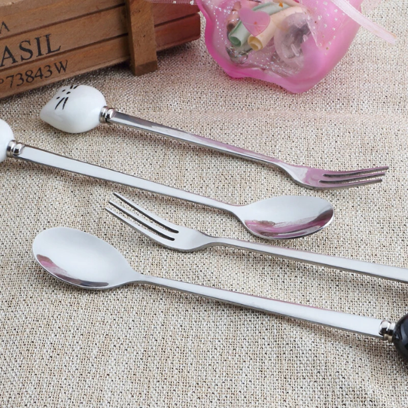 1pc Cartoon Cute Cat Fork Stainless Steel Long Handle Stirring Spoon Fruit Fork Coffee Spoon Ceramic Handle