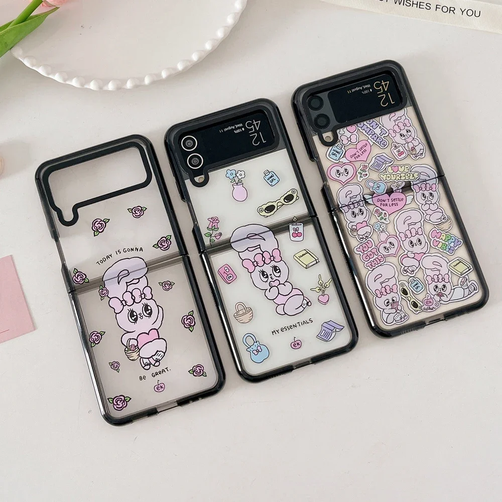 

Acrylic Hard Case Black Border Pink Rabbit Phone Case for Samsung Galaxy Z Flip 5 4 3 Back Cover for ZFlip3 ZFlip4 ZFlip5 Shell