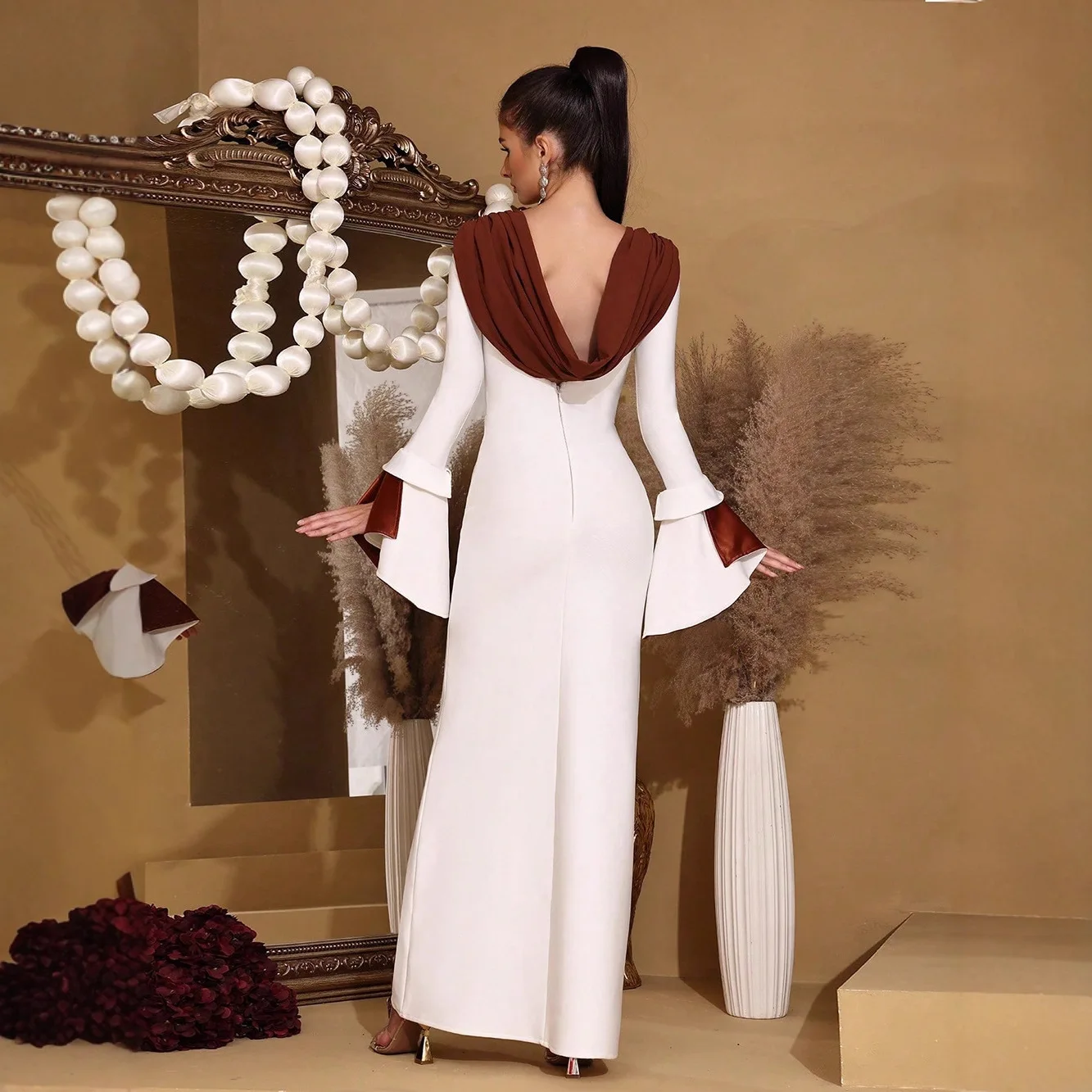 American Style Elegant Fashion Sexy Bandage Dress Patchwork Long Sleeve High Waist Slim Bodycon White Long Evening Dress Women