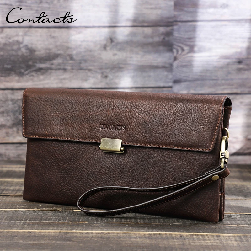 CONTACT\'S Clutches for Men Genuine Leather Casual Men\'s Clutch Wallets Handbags Envelope Bags Phone Pocket Male Business Bags