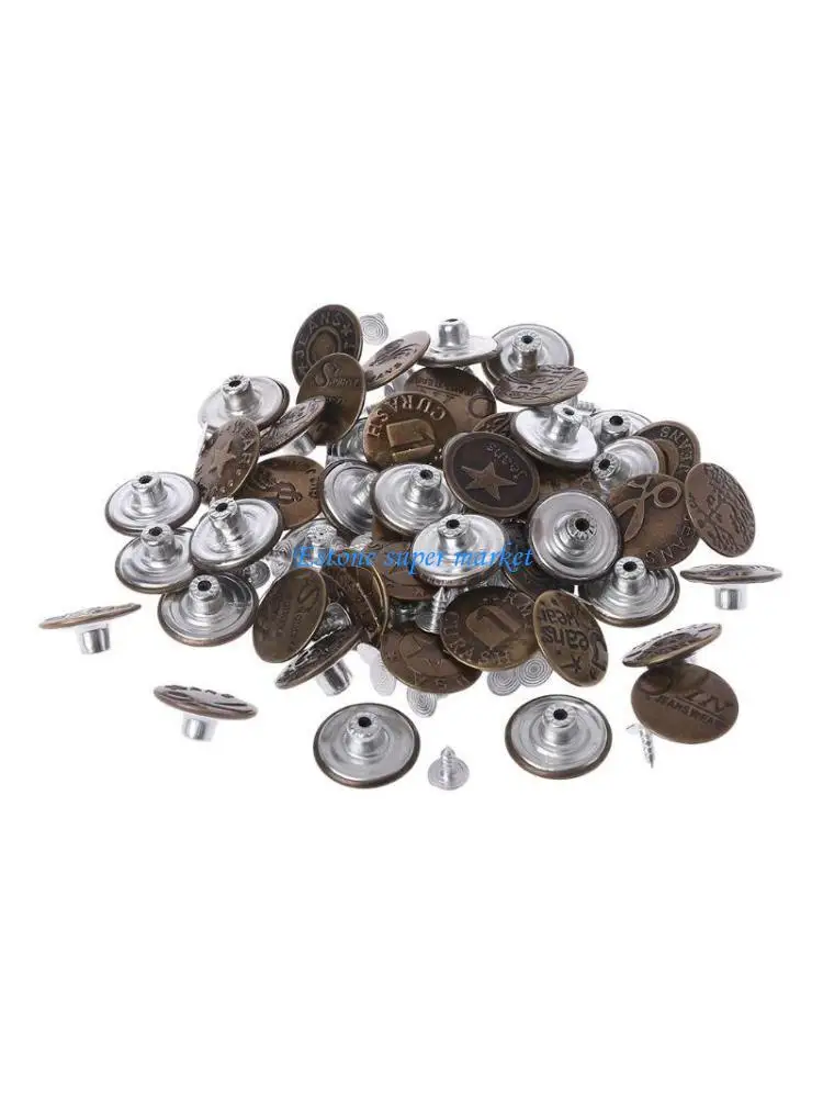 090B 50pcs Mixed Metal No Sew Replacement Repair Jean Pants Buttons 20mm DIY