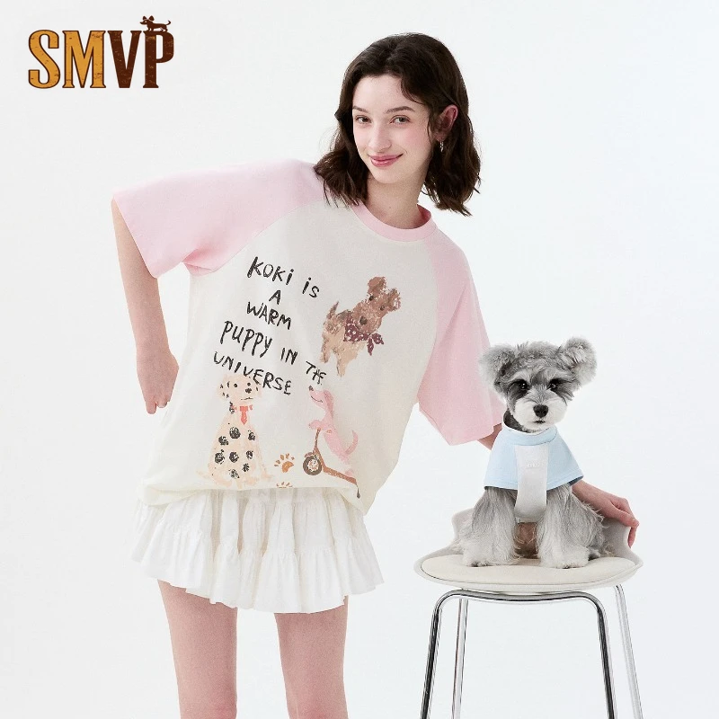 

Matching Human and Dog T-Shirt Set Summer Hand-Painted Puppy Print Tee for Pet and Owner Parent-child Attire Pet Clothes