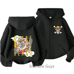 One Pieces Zipper Hoodie Kids Cartoon Print Clothes Anime Long-sleeved Luffy Zoro Hooded Sweatshirt Casual Top for Boys Girls