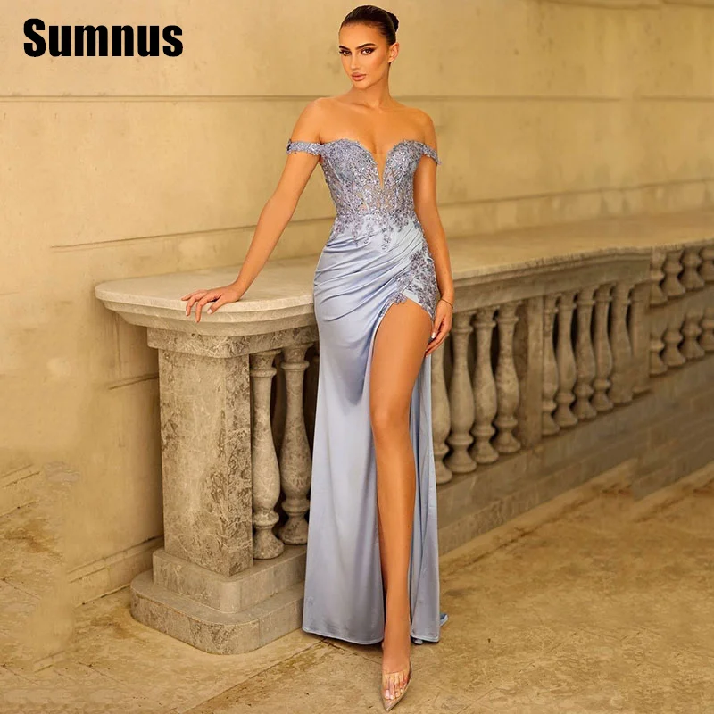 

SUMNUS Light Purple Satin Off The Shoulder Evening Prom Gowns Side Split Sweetheart Party Dresses Mermaid Dress 2024 Customized