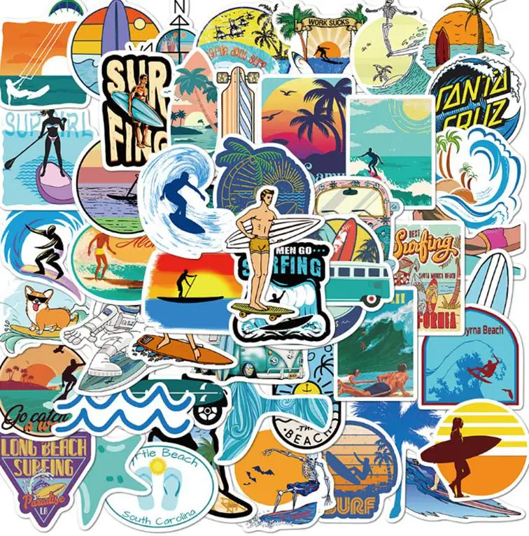 

10/30/50pcs Summer Beach Surfing Cartoon Graffiti Waterproof Style Trendy Teens Toys Phone Cool Laptop Diy Decal Decor Stickers