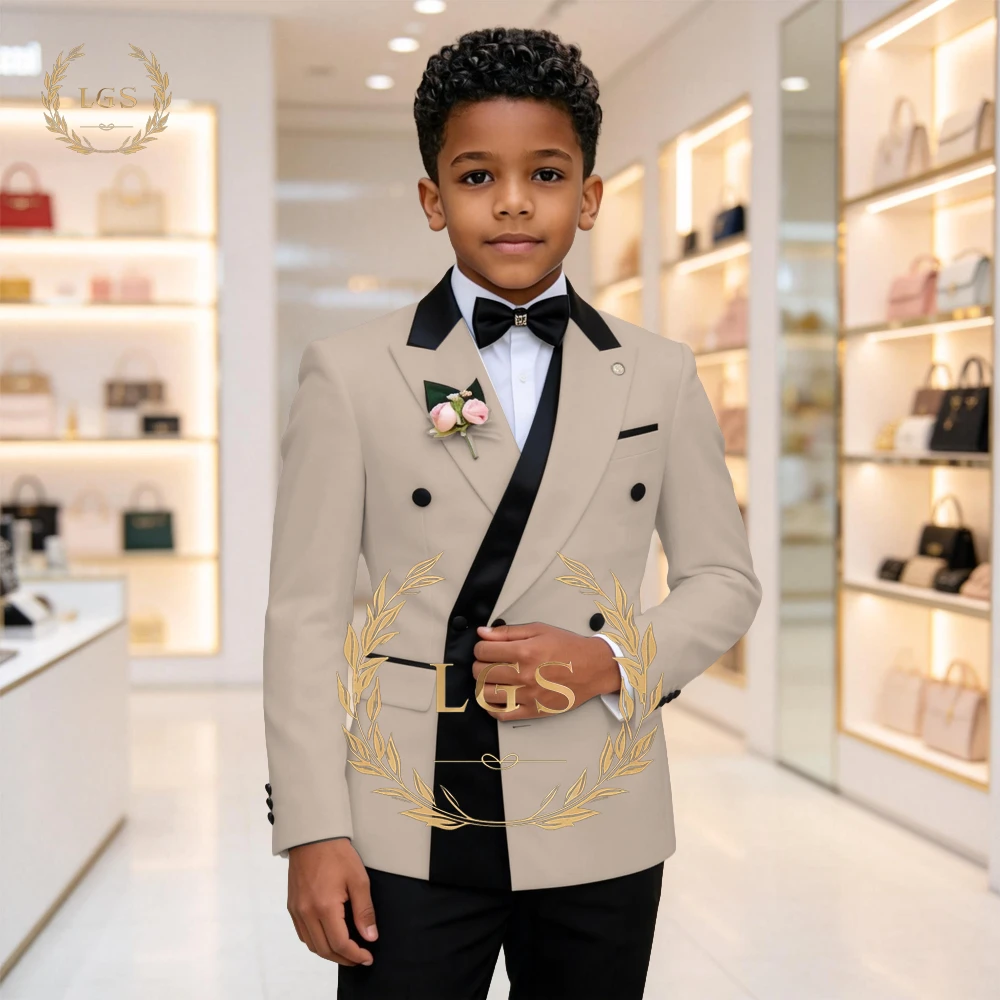 Boys' 2-Piece Suit – Double-Breasted Peak Lapel Blazer with Black Trim & Matching Trousers for Weddings & Events