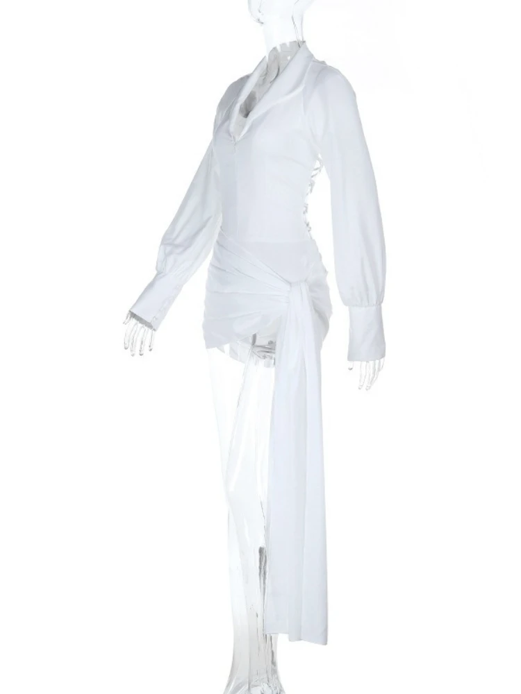 SsTss レディース ホワイト 長袖 シャツワンピース ジップアップ フロント Vネック スリム レースアップ バックレス ルーシュド リボンタイ ミニ パーティー ナイトドレス