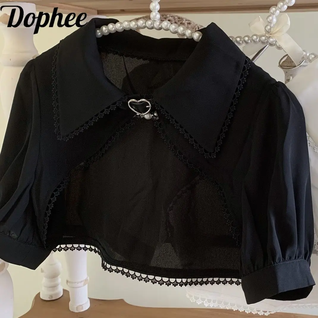 

Dophee Original Personality Puff Short Sleeve Shirt Elegant Turn-down Collar Love Leather Buckle Lolita Cloak Coat Sweet Tops