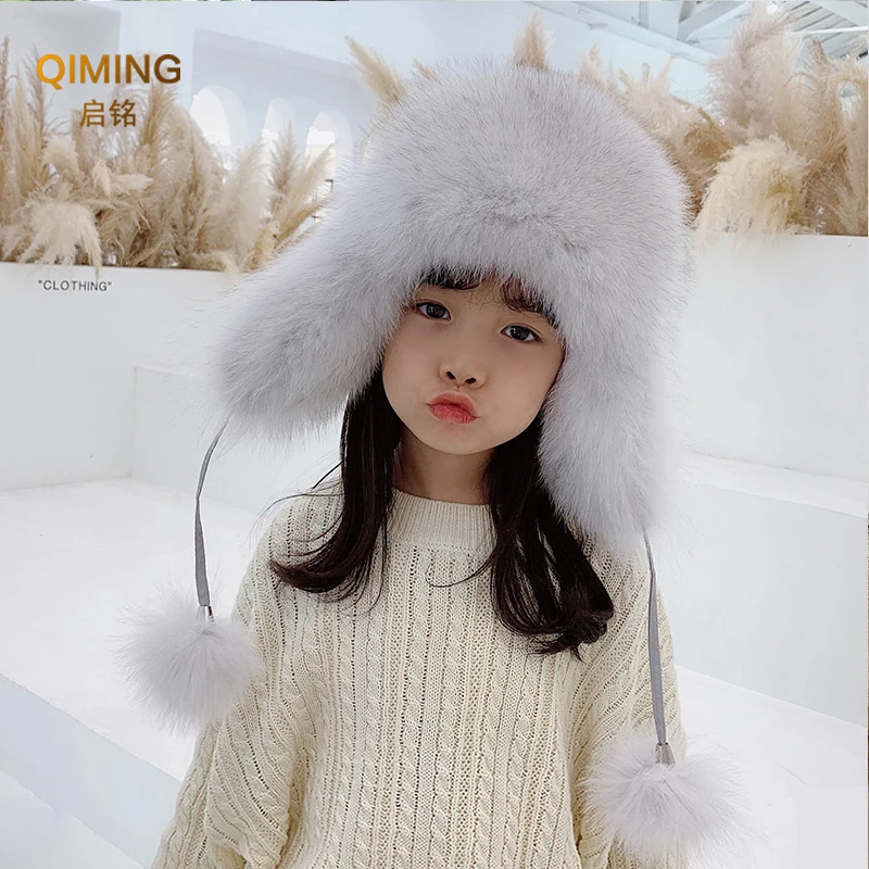 

Fox Fur Hat Boy Girl Cap Winter Ear Protection Warm Children Leather Bomber Hats Fur Hat Winter Real Raccoon Fluffy Russian Hat