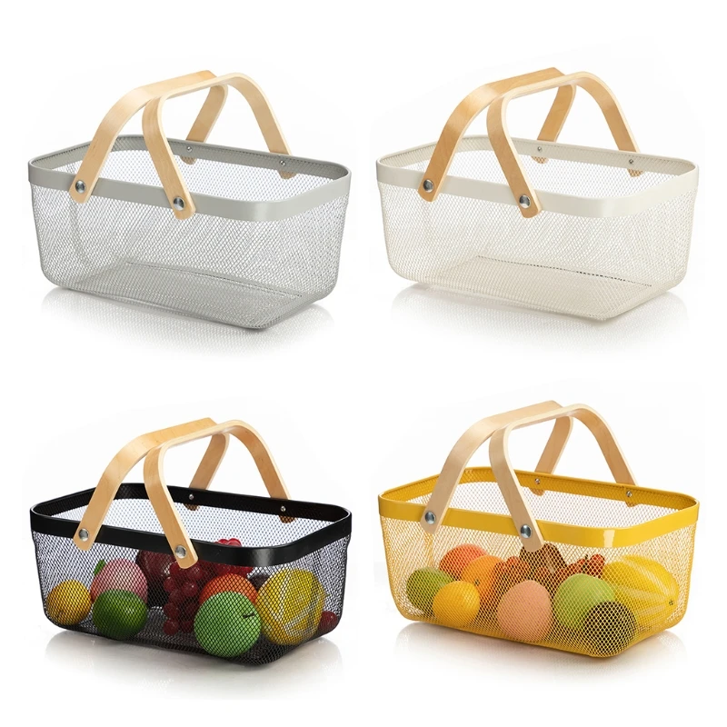 Nordic Metal Mesh Fruit Basket Bin with Double Wooden Handle Kitchen Wrought Iron Rectangle Storage Dropshipping
