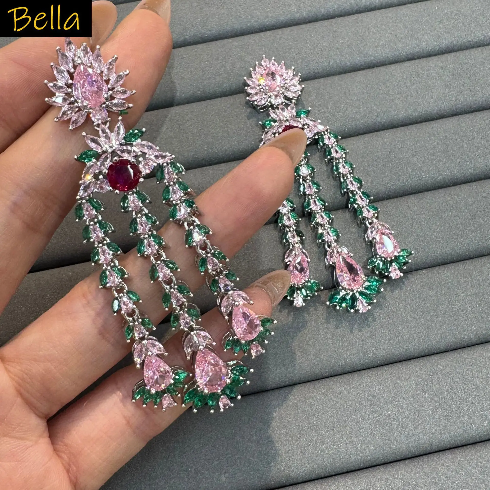 

luxury jewelry earrings zirconia fushia white purple leaf plant dangling earrings women evening party shiny jewelry