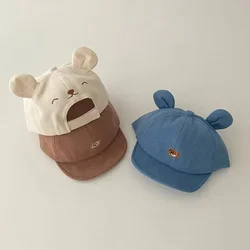 Spring Summer Kids Cotton Sun Hats Cartoon Bear Baby Baseball Hat with Ears Cute Solid Color Infant Peaked Cap Kawaii