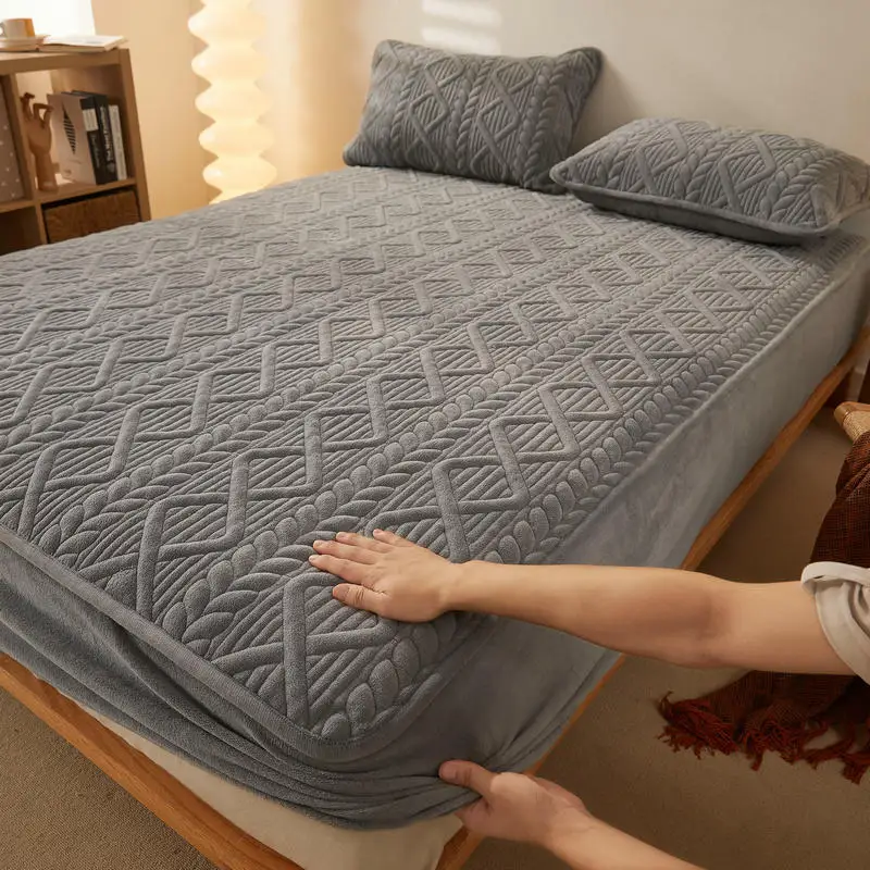 

Plush Thicken Quilted Mattress Cover Warm Soft Crystal Velvet King Queen Quilted Bed Fitted Sheet Not Including Pillowcase
