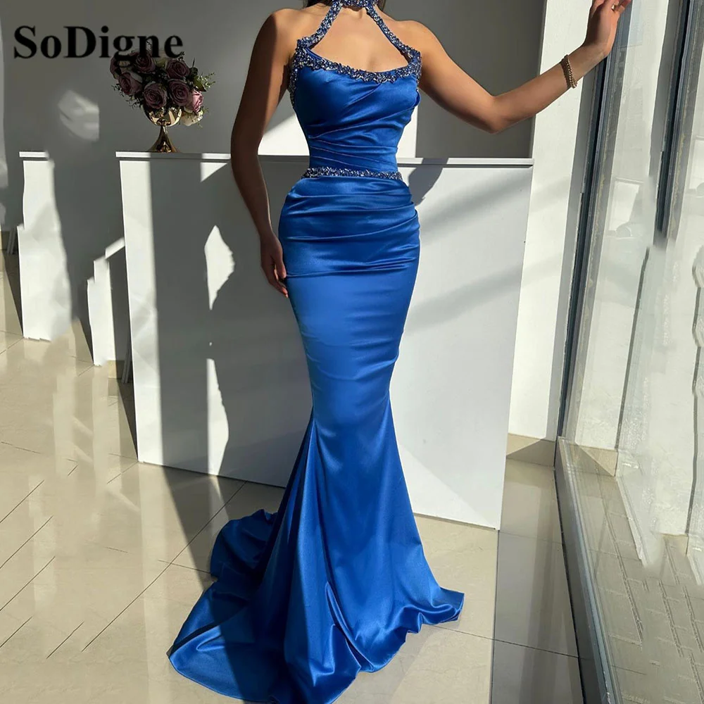 

SoDigne Royal Blue Satin Mermaid Prom Dresses 2023 Sequins Beading Crystal Dubai Women Formal Evening Gown