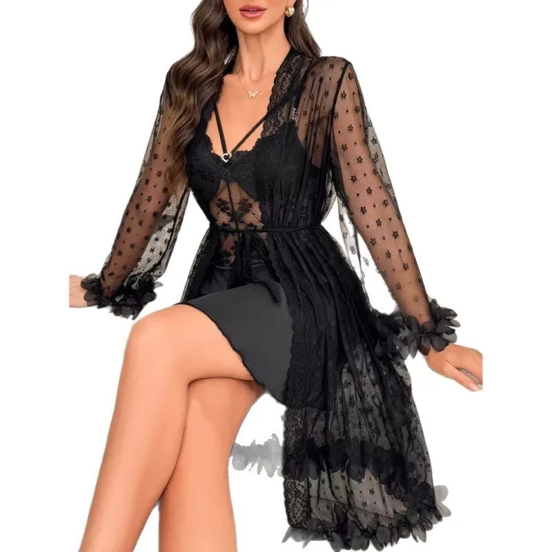 New Style Lace Spliced Nightdress Sexy Lightweight And Breathable Lace Straps Flirtatious And Alluring Black GZAQ