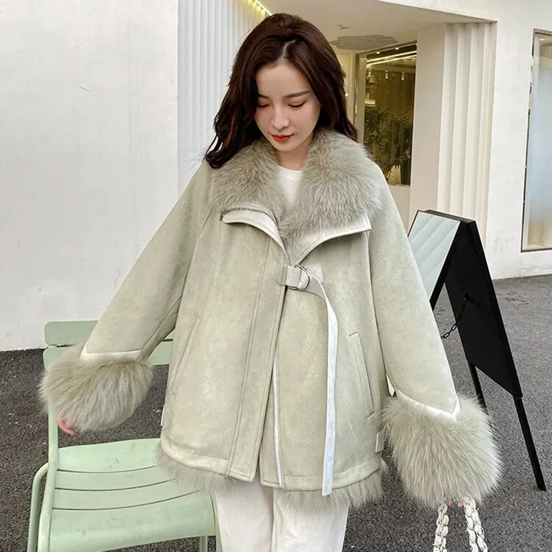 Winter Suede Splicing Imitation Fur Jacket For Women Patchwork Leather Thick Luxury Warm Coats Female Fashion New Parker Jacket