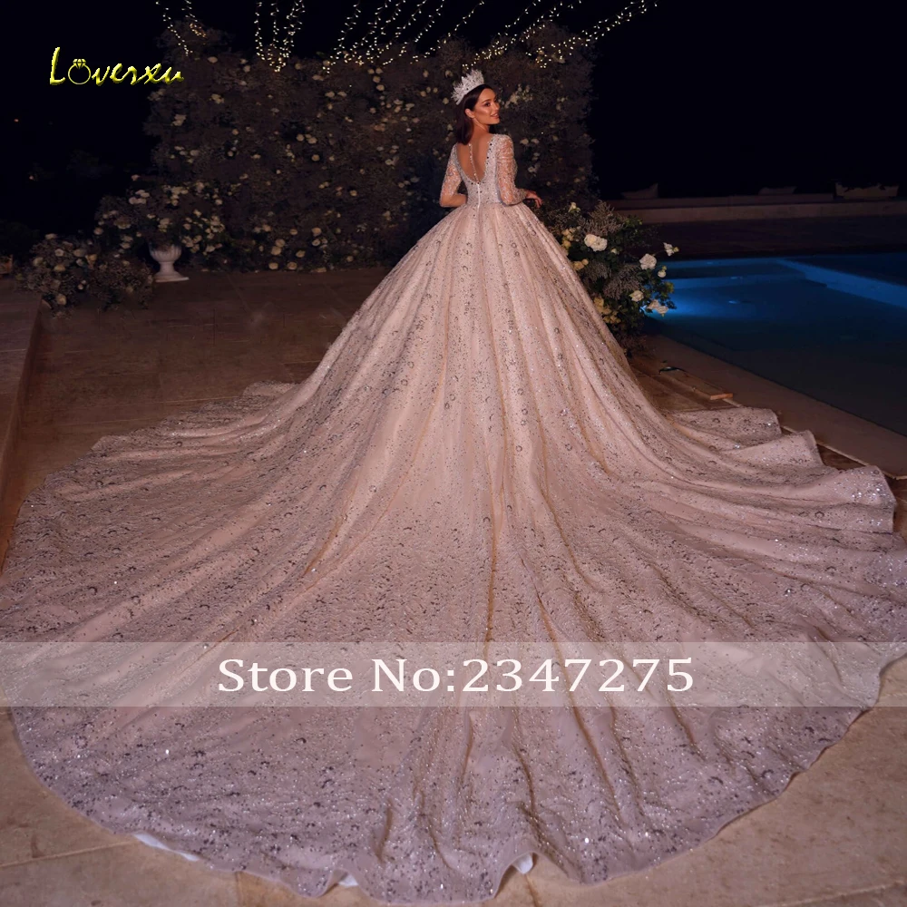 Loverxu Ball Gown Royal Wedding Dresses Scalloped Long Sleeve Vestido De Novia Lace Beaded Chapel Train Custom Made Bridal Gown