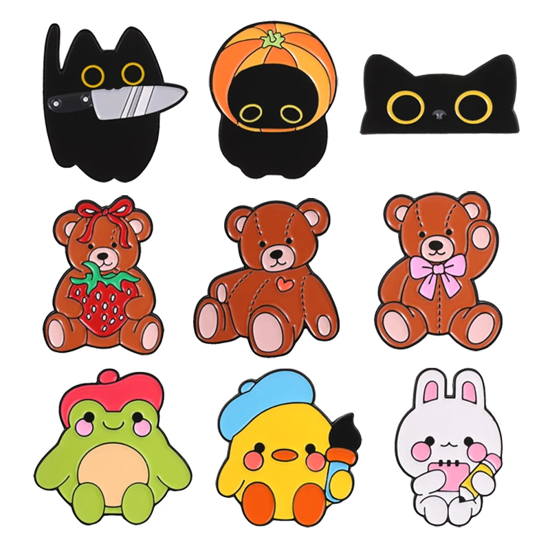 Cartoon Animal Series Enamel Badge Cute Teddy Bear Artist Painter Frog Pin Halloween Pumpkin Knife Black Cat Brooch Jewelry Gift