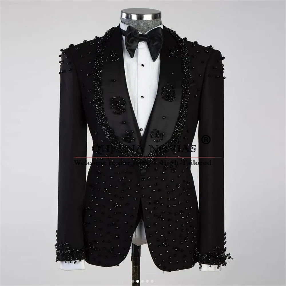 Exclusive Groom Formal Party Wedding Tuxedos Customized Handmade Pearls Prom Blazers 3 Pieces Suits Men Slim Fit traje de hombre