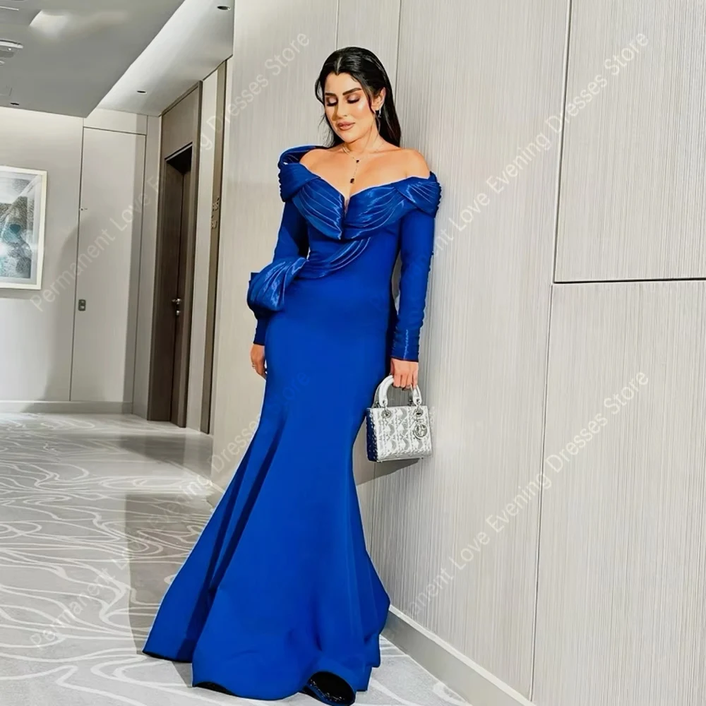 

Sexy Blue Women Mermaid Evening Dresses Off Shoulder Long Sleeves Prom Gowns Formal Occasion Ball Vestidos De Noche Customized