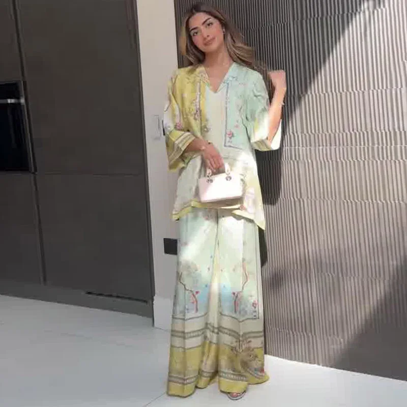 

Комплекты из 2 предметов, женский костюм с принтом, топ, широкие брюки, наряды с v-образным вырезом, блузка длиной до пола, свободные брюки, 2025 г., офисный женский ансамбль